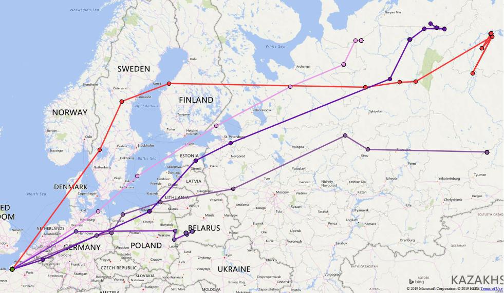 Carte des trajets 2018 des Bécassines des marais, équipées en Vendée de balises GPS/Argos (Source ONCFS-CICB)